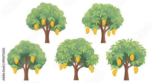 Five Ripe Mango Trees with Yellow Fruits, Tropical Orchard Illustration