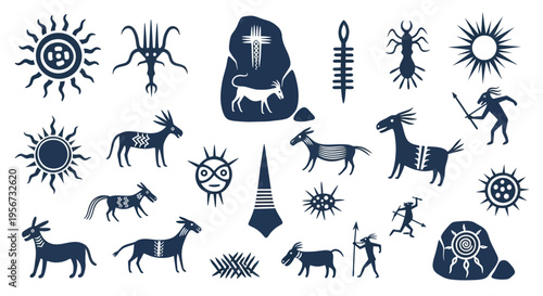 Ancient Cave Paintings Symbols: Animals, Sun, Humans, Abstract Shapes