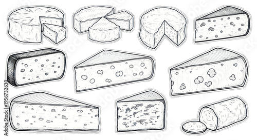 Assortment of Hand-Drawn Cheese Slices and Wheels, Sketch Style