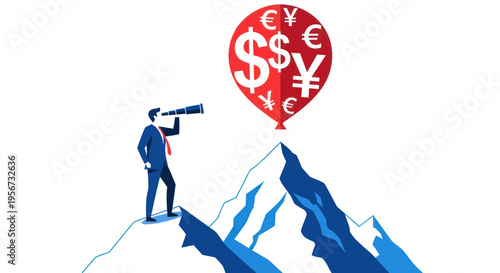 Businessman with spyglass on mountain peak spots currency symbols on balloon, future finance concept