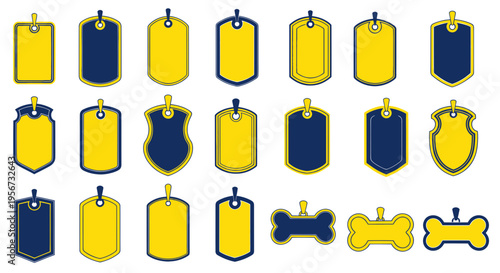 Collection of Yellow and Blue Dog Tags and Bone Shapes