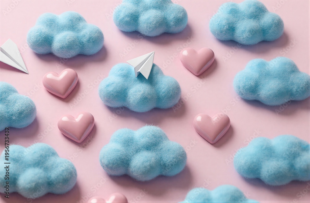Obraz premium Soft blue clouds paper airplanes and pink hearts on a gentle pink