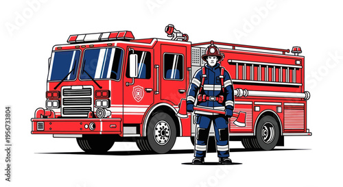 Firefighter Standing Next to Fire Truck, Ready for Action