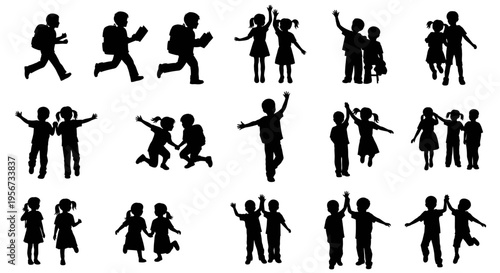 Children Silhouettes: Kids Playing, Studying, and Walking Together