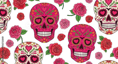 Colorful Sugar Skulls and Roses Pattern - Day of the Dead Celebration
