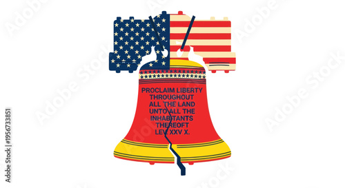 Cracked Liberty Bell with US Flag Top, Symbolizing Division