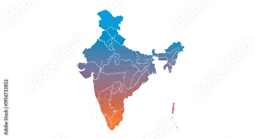 Colorful Digital Map of India with State Borders, Gradient Blue to Orange