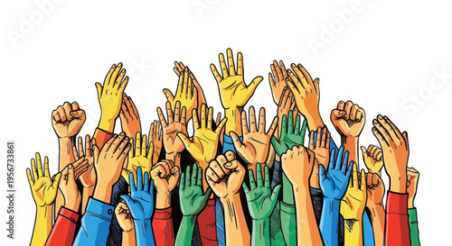 Diverse Hands Raised in Unity and Support, Group of People Celebrating or Protesting