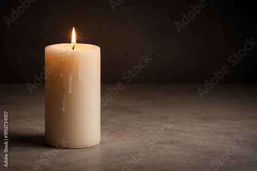 White Pillar Candle Burning with Dripping Wax on Dark Background, Moody Candlelight Photography
