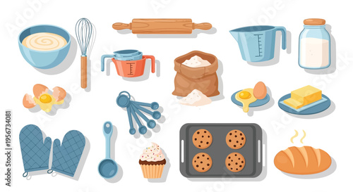 A comprehensive collection of baking ingredients, tools, and freshly baked goods including cookies, bread, and a cupcake, illustrating the process of home baking.
