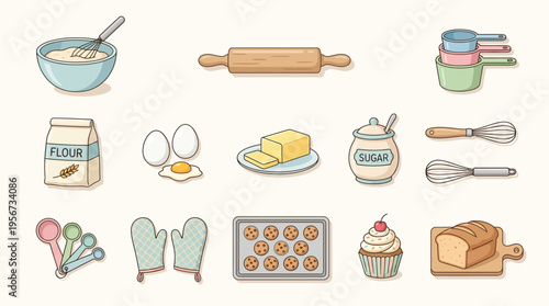 A delightful collection of baking ingredients, essential tools, and freshly baked goods, including flour, eggs, butter, sugar, whisks, rolling pin, measuring cups, cookies, cupcake, and bread.