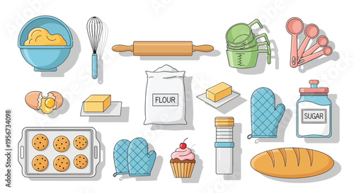A vibrant collection of baking ingredients and kitchen tools for making delicious homemade treats and pastries.