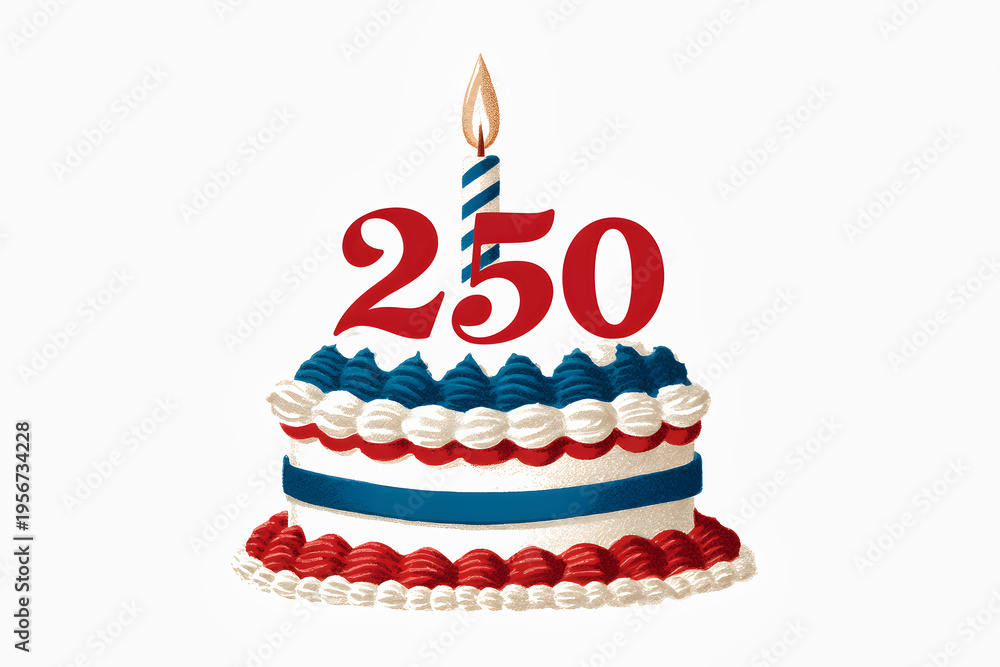 Naklejka premium Celebration with a cake featuring the number 250 on top, decorated with red, white, and blue frosting and one lit candle. 4 july cake. USA independence day
