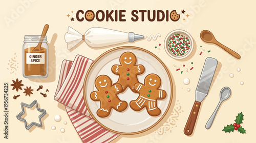 Overhead view of a baking scene with decorated gingerbread cookies, spices, and tools on a light background, featuring a 'Cookie Studio' theme.