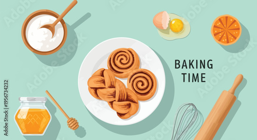 Overhead view of baking ingredients, tools, and freshly baked pastries with 'Baking Time' text on a light blue background, perfect for a culinary project.