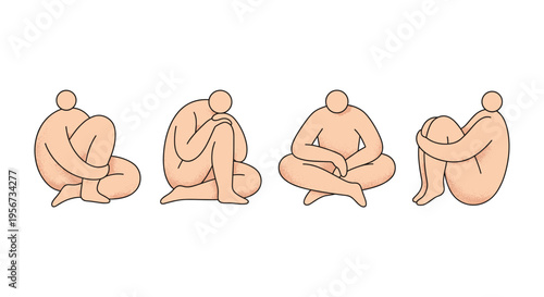 Professional set of minimalist hand drawn figures in sitting and curled poses isolated on white background for mental health and introspection concepts.