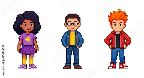Professional collection of diverse pixel art children characters isolated on white background for retro gaming and educational concepts.