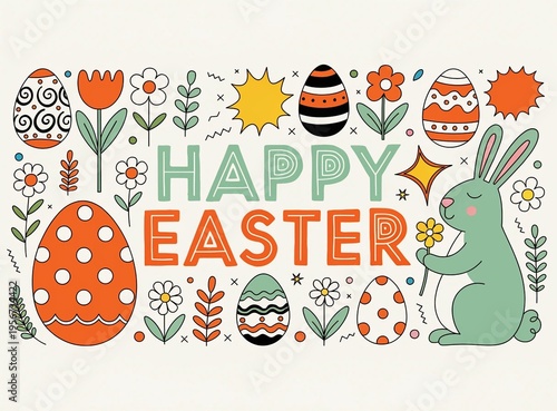 Happy Easter banner, horizontal poster, greeting card, header for website. Trendy Easter design with typography, hand drawn pattern 