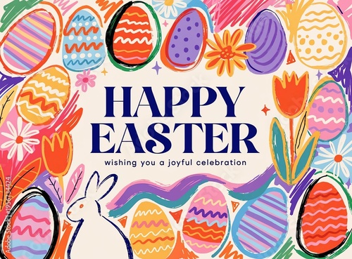 Happy Easter banner, horizontal poster, greeting card, header for website. Trendy Easter design with typography, hand drawn pattern 