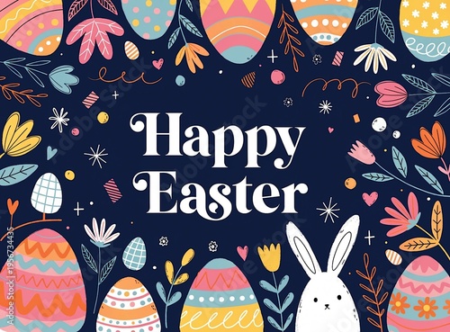 Happy Easter banner, horizontal poster, greeting card, header for website. Trendy Easter design with typography, hand drawn pattern 