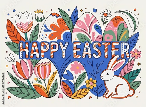 Happy Easter banner, horizontal poster, greeting card, header for website. Trendy Easter design with typography, hand drawn pattern 