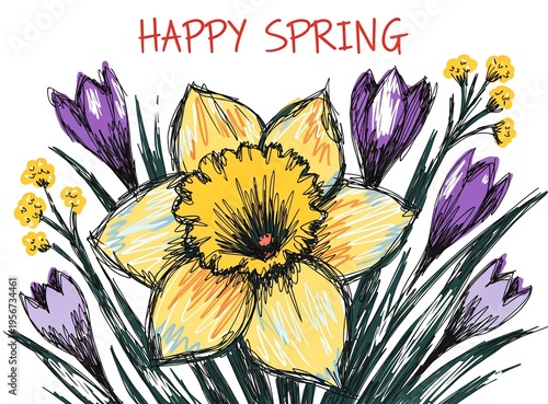 Spring cutest card or poster for the spring holiday with wildflowers, Narcissus flower
