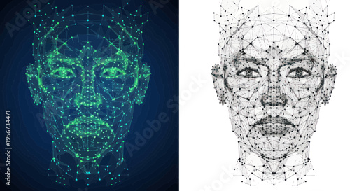 3D Digital Face Wireframe Mesh with Connections and Nodes