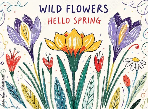 Spring cutest card or poster for the spring holiday with wildflowers, Narcissus flower