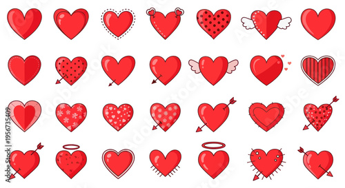 Collection of Red Heart Illustrations: Love Symbols, Valentine's Day, Romance Icons