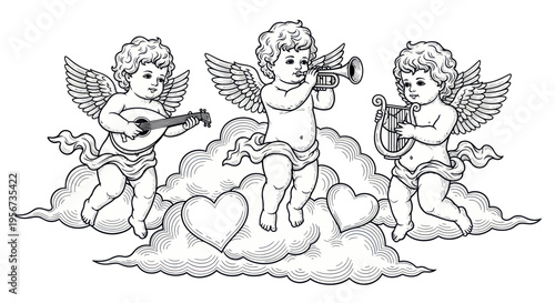 Cherubs Playing Music on Clouds with Hearts