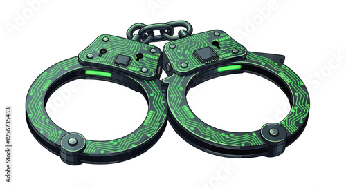 Cyber Handcuffs with Circuit Board Design and Green LED Lights - Digital Security Concept