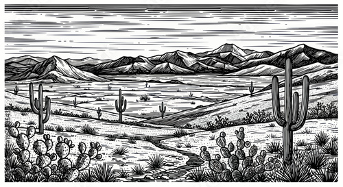 Desert Landscape Illustration: Saguaro Cacti, Mountains, and Arid Terrain