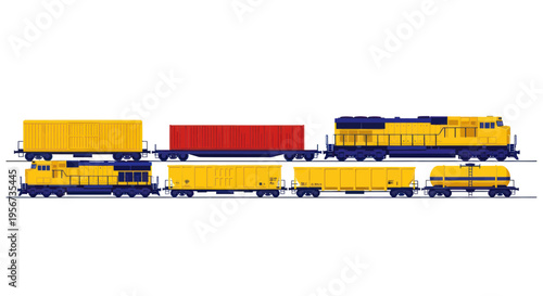Freight train with yellow locomotives and cargo containers on white background