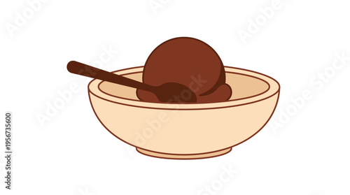 A close-up shot of a single scoop of chocolate ice cream in a bowl with spoon