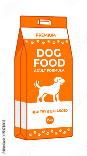A vibrant image of a dog food bag, showcasing the words Dog Food prominently. The bag also features a charming illustration of a dog and the words Adult Formula and Healthy & Balanced