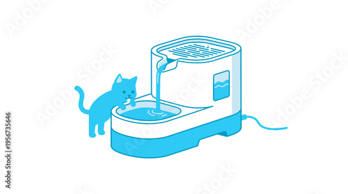 A cute blue cat interacts with a water fountain. The water is flowing