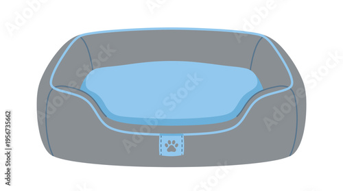 A comfortable pet bed with a gray exterior and a light blue interior. The bed is designed with a cozy and inviting shape, featuring a paw print label