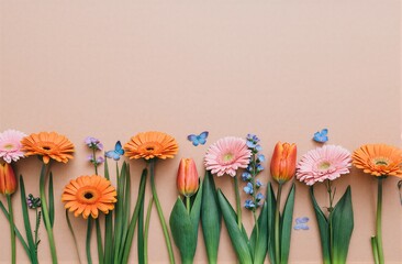 Colorful flowers and butterflies arranged neatly against a soft beige