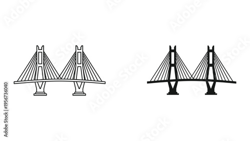 Modern Cable-Stayed Bridge Design Icon - Line Art and Silhouette Comparison
