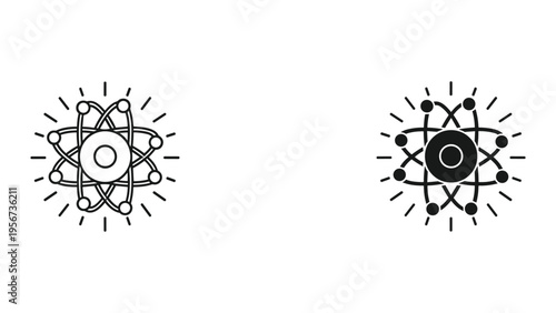 Atom Symbol Icon - Abstract Science and Technology Concept, Black and White Line Art and Solid Fill