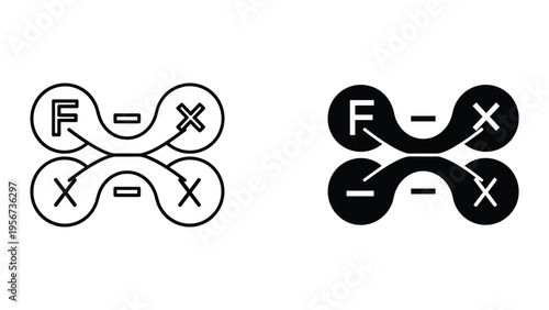 Abstract symbol with 'F', minus signs and 'X' marks, line art and solid fill versions