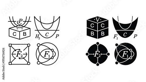 Abstract Mathematical Diagrams: Cubes, Parabolas, Graphs, and Formulas