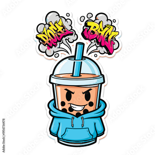 Cartoon Bubble Tea Character Angry Face.