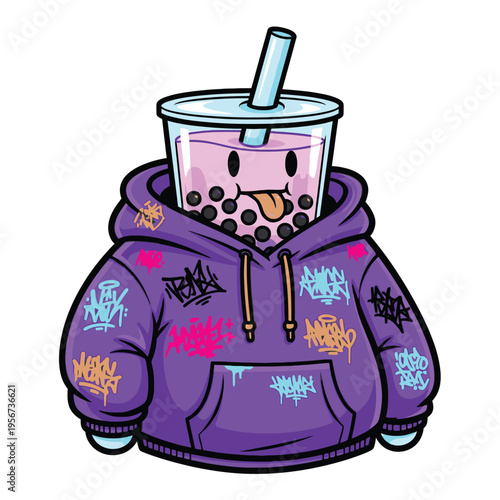 Cartoon boba tea in hoodie.