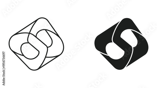 Two abstract logos side-by-side: one line art, one solid black, both shaped like linked 'S' symbols within a diamond.
