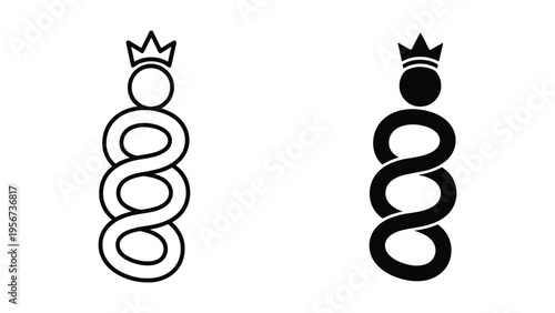 Abstract Figure with Crown and Twisted Body, Line Art and Silhouette Icons