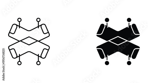 Two stylized icons of a symmetric abstract geometric shape resembling a cross or a bowtie