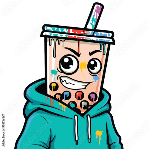 Colorful cartoon boba tea character smiling.