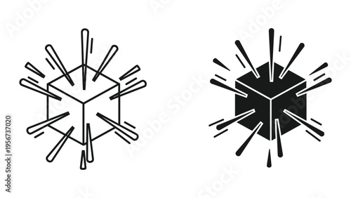Abstract Explosion Cube Icon Set, Black and White Geometric Shapes with Outward Rays