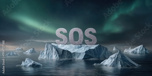 SOS Sign on Ice Glacier Northern Lights Climate Change Arctic Global Warming Concept